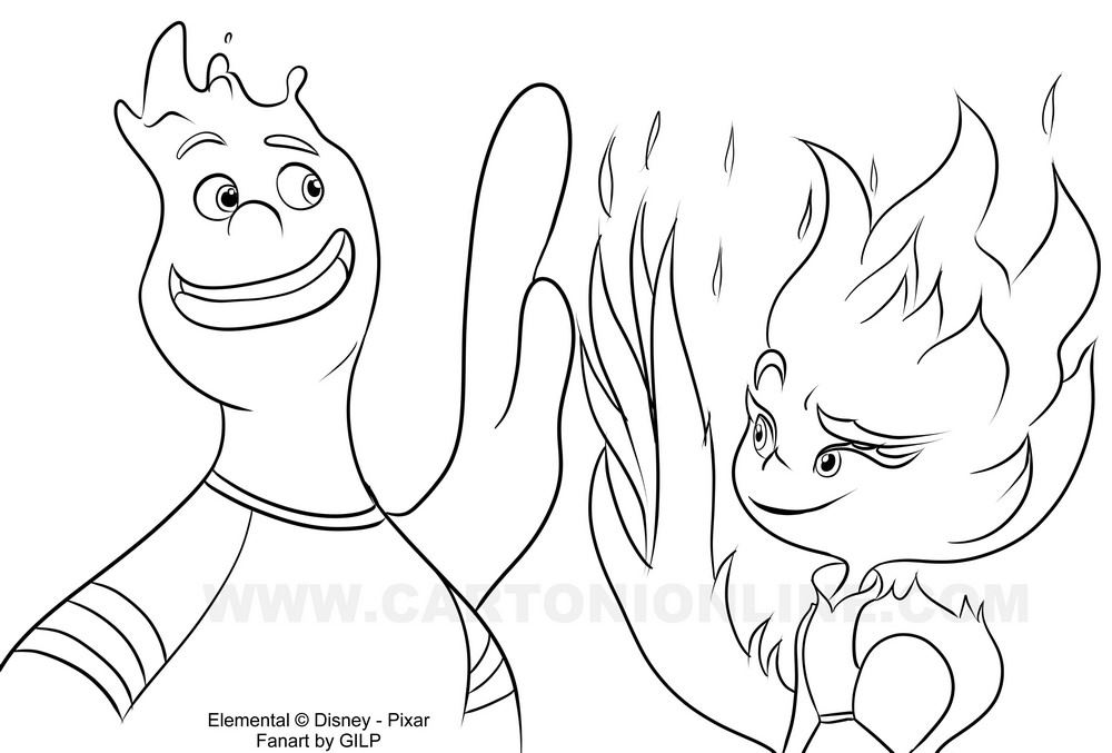 Disegno di Ember, Wade di Elemental (Disney-Pixar) da stampare e colorare