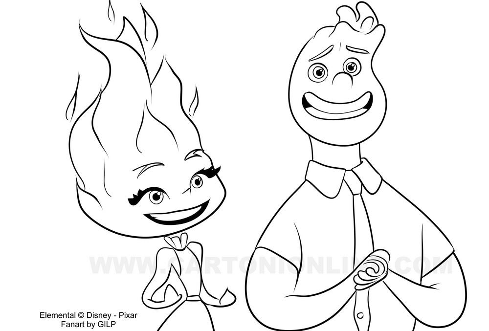 Desenho de Ember, Wade de Elemental (Disney-Pixar) para imprimir e colorir