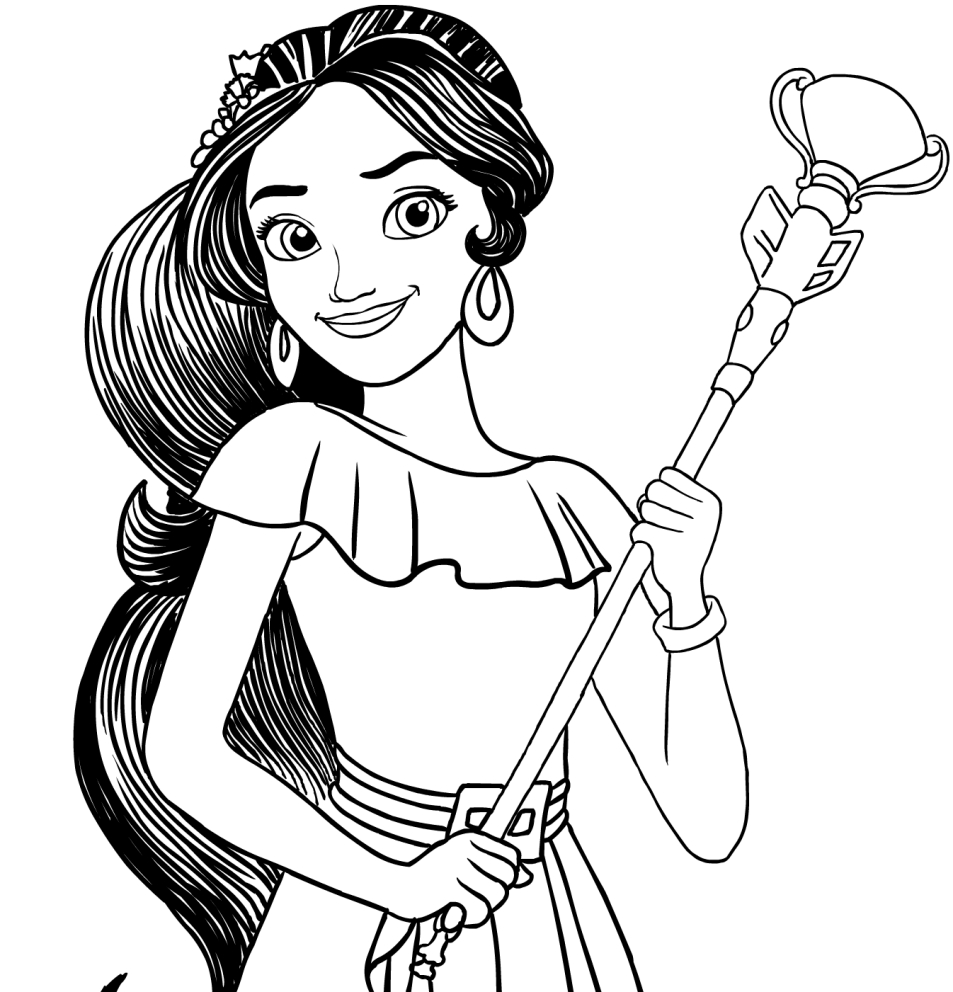 Drawing of Elena of Avalor in the foreground who smiles to print and color