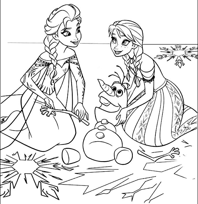 Dibujo para colorear de Anna y Elsa recomponen Olaf (Frozen)