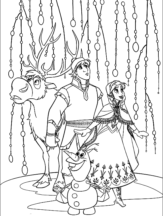 Dibujo para colorear de Anna, Kristoff, Olaf y Sven en los árboles de nieve (Frozen)