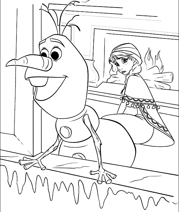 Dibujo para colorear de Anna con Olaf en la ventana (Frozen)