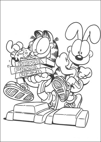 Disegno di Garfield e Oddie che mangiano la pizza da stampare e colorare