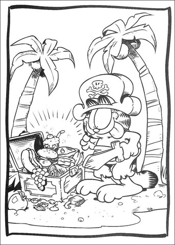 Disegno di Garfield pirata con il tesoro da stampare e colorare