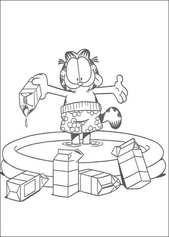 Disegno di Garfield e la piscina di latte da stampare e colorare