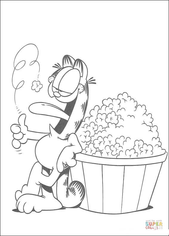 Disegno di Garfield che mangia i pop corn da stampare e colorare