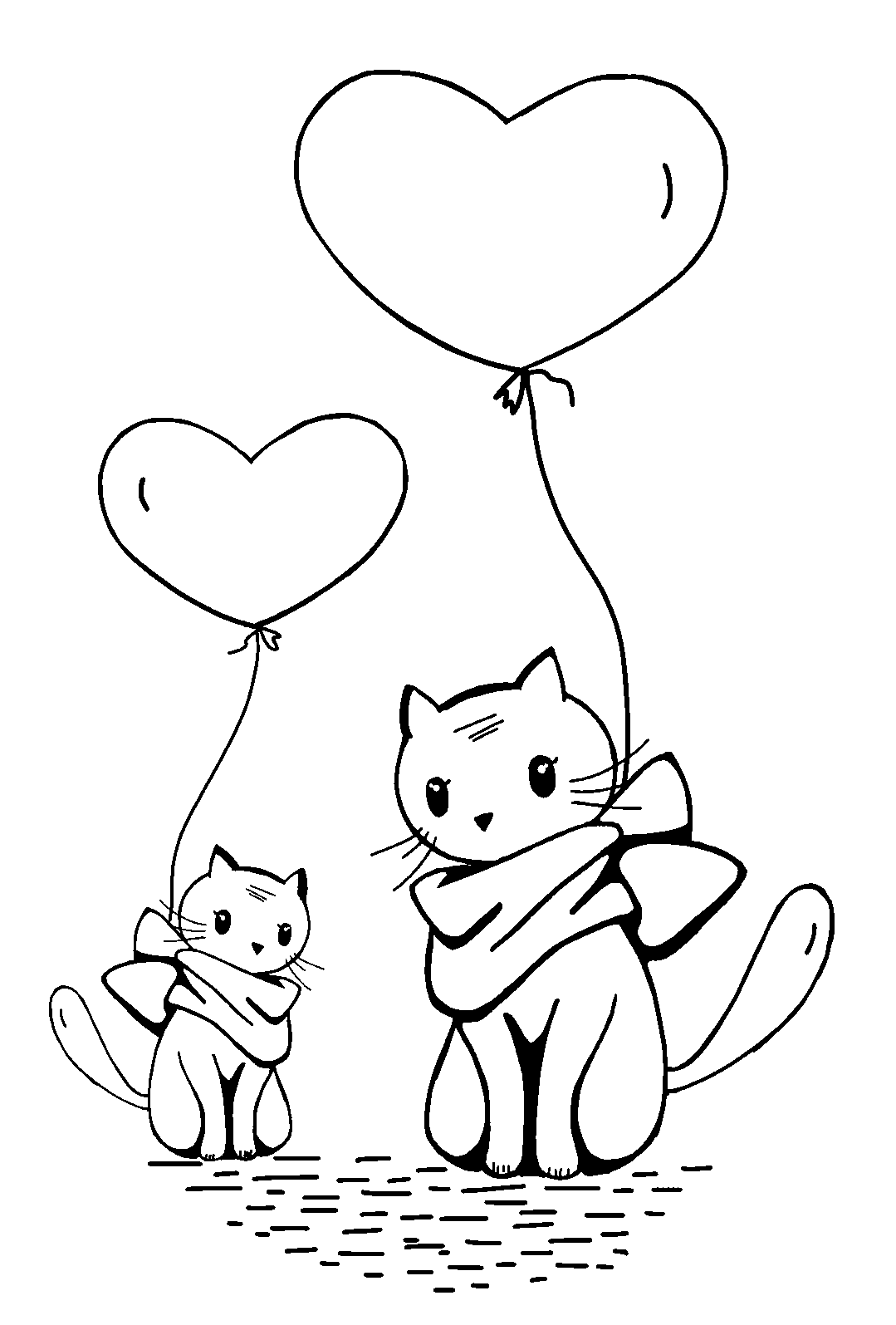 Disegno da colorare di gatti kawaii con palloncino a forma di cuore