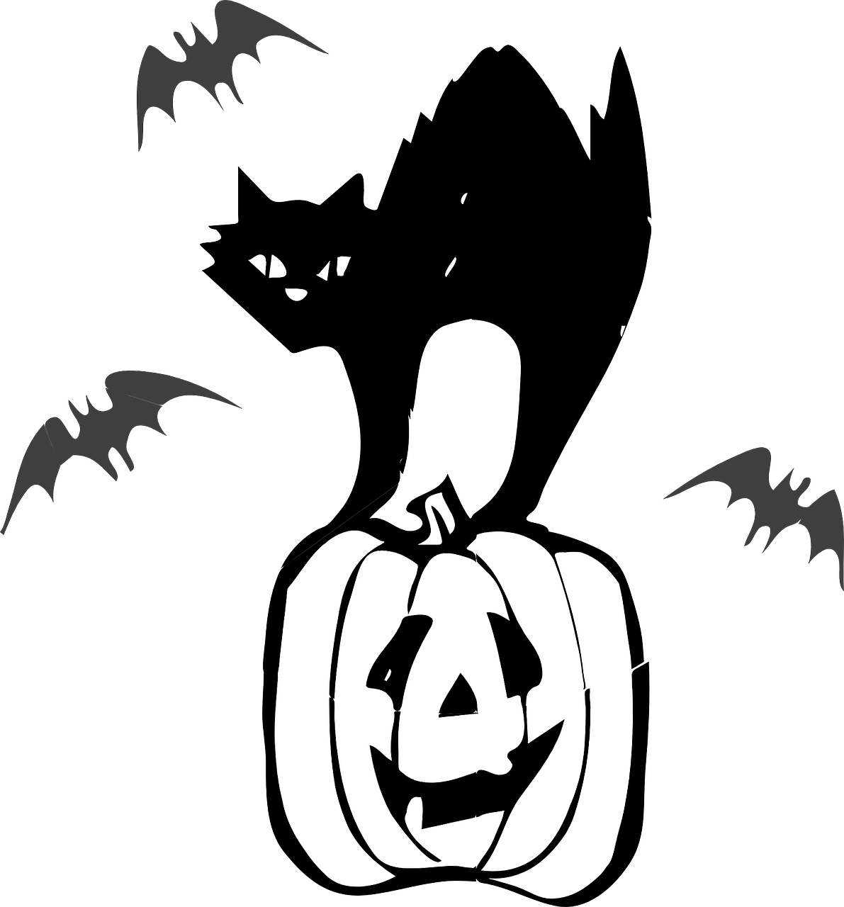 Disegno da colorare di gatto nero spaventato sopra zucca di halloween e pipistrelli