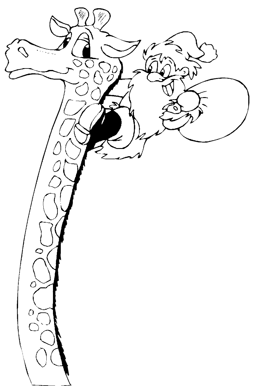 Disegno da colorare di giraffa con babbo Natale stile cartone animato