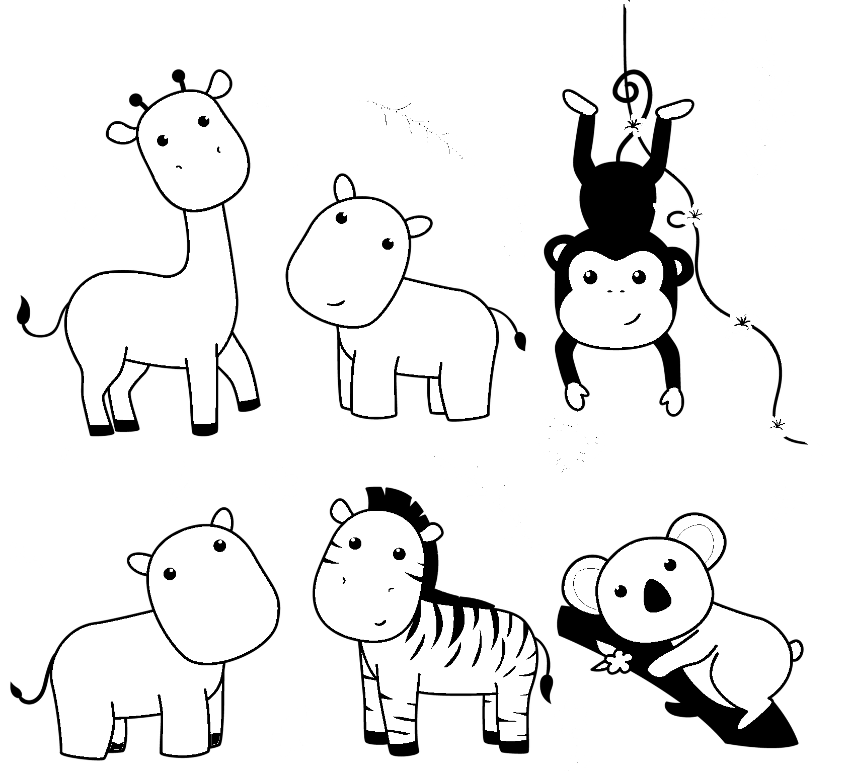 Dibujo para colorear de jirafas kawaii y animales del bosque