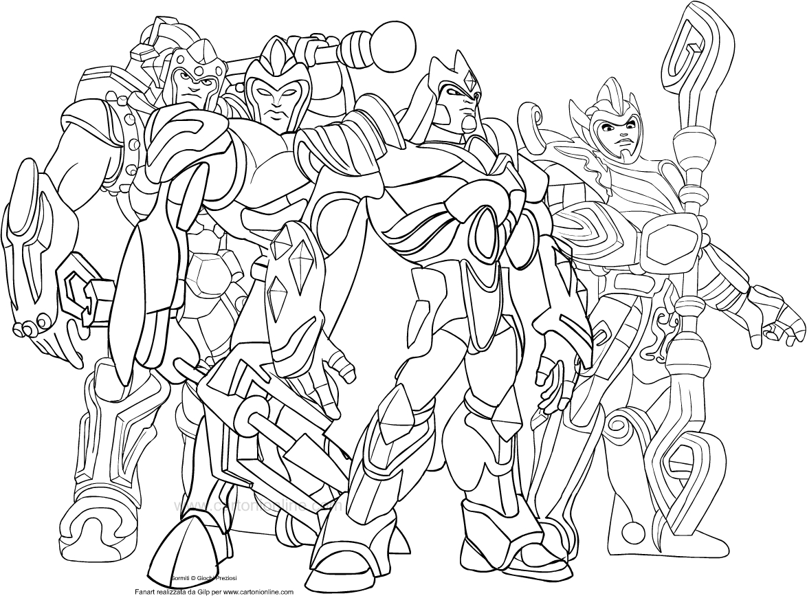 Drawing of the Lord Gormiti: Lord Keryon, Lord Trityon, Lord Titan and Lord Helios to print and color
