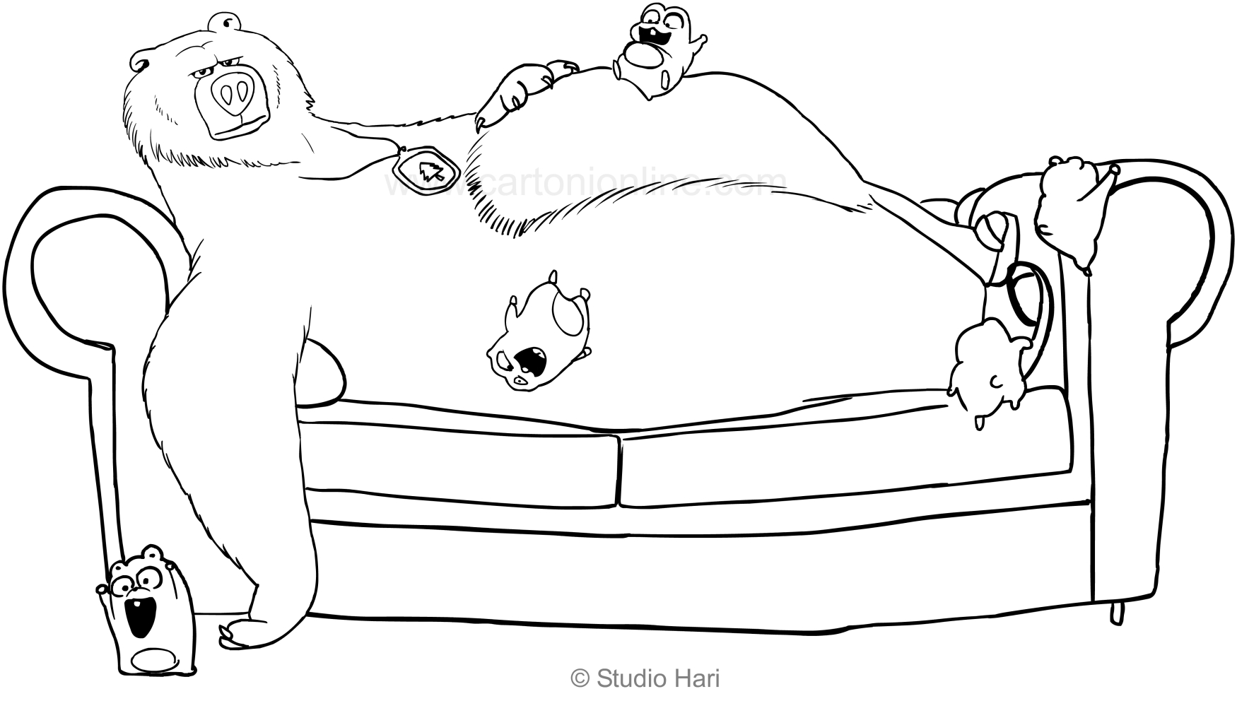 Grizzy and the lemmings on the sofa coloring page to print and color