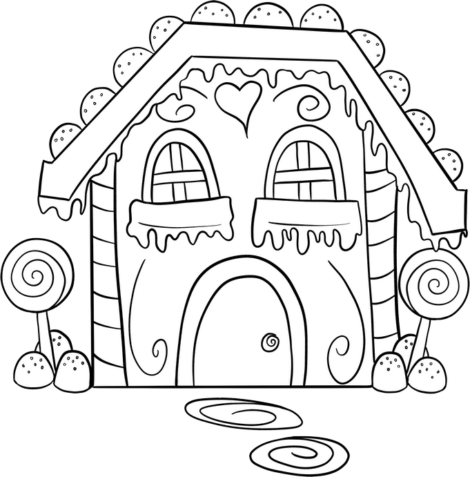 Dibujo para colorear de la casa de jengibre del cuento de hadas de Hansel y Gretel
