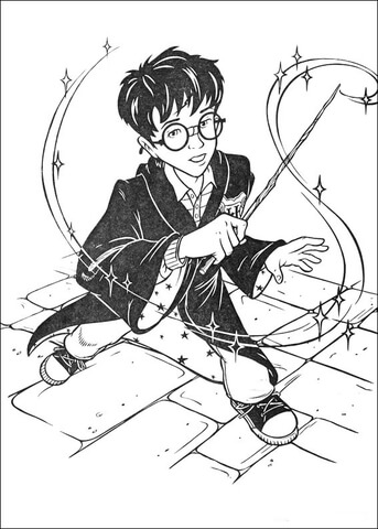 Harry Potter con la varita mágica dibujando para imprimir y colorear