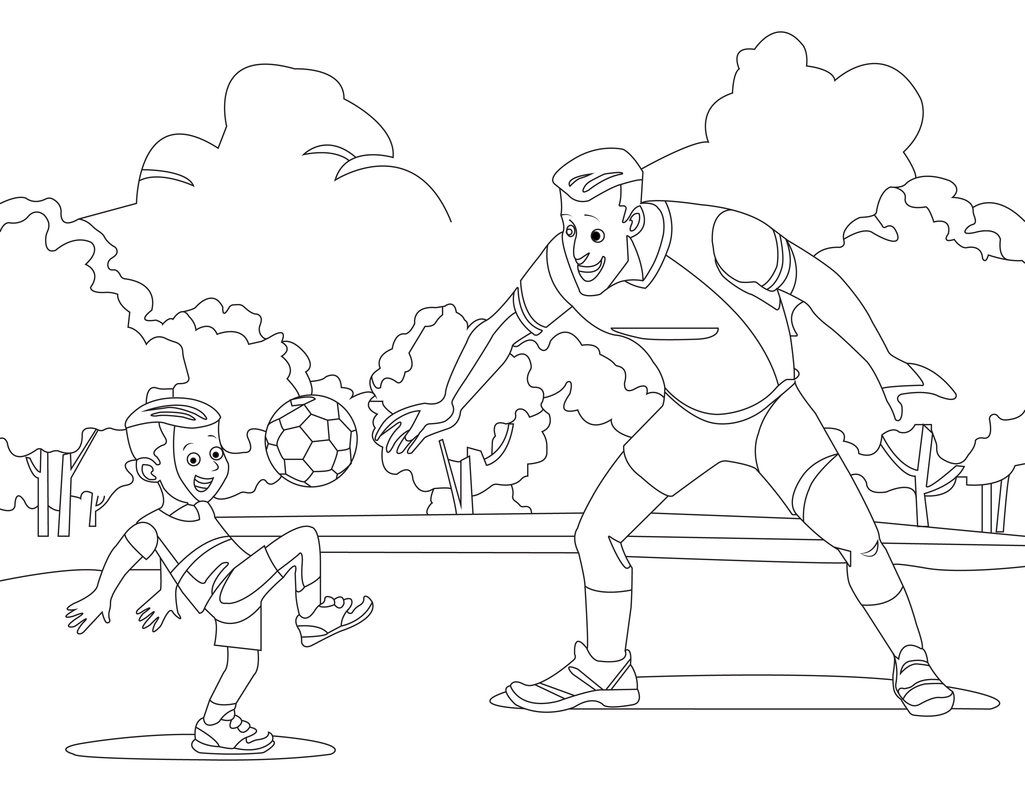 Coloring page of child playing soccer