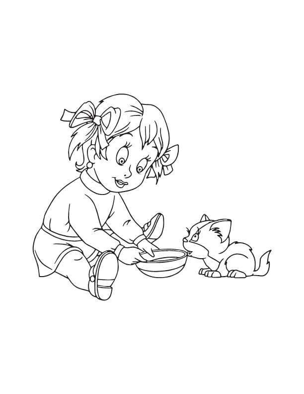 Página para colorear de niña dando el cuenco de leche al gato