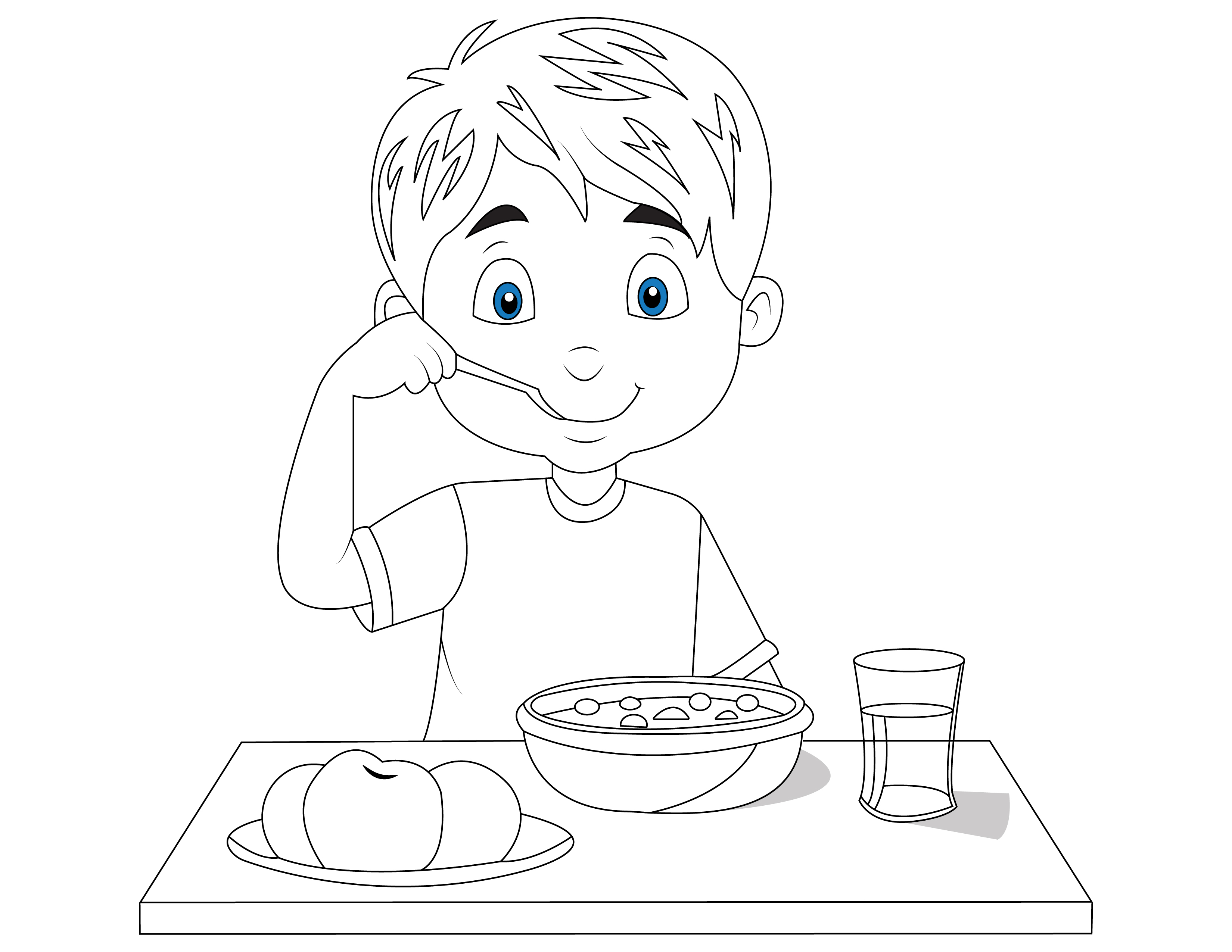 Disegno da colorare di bambino che mangia sano