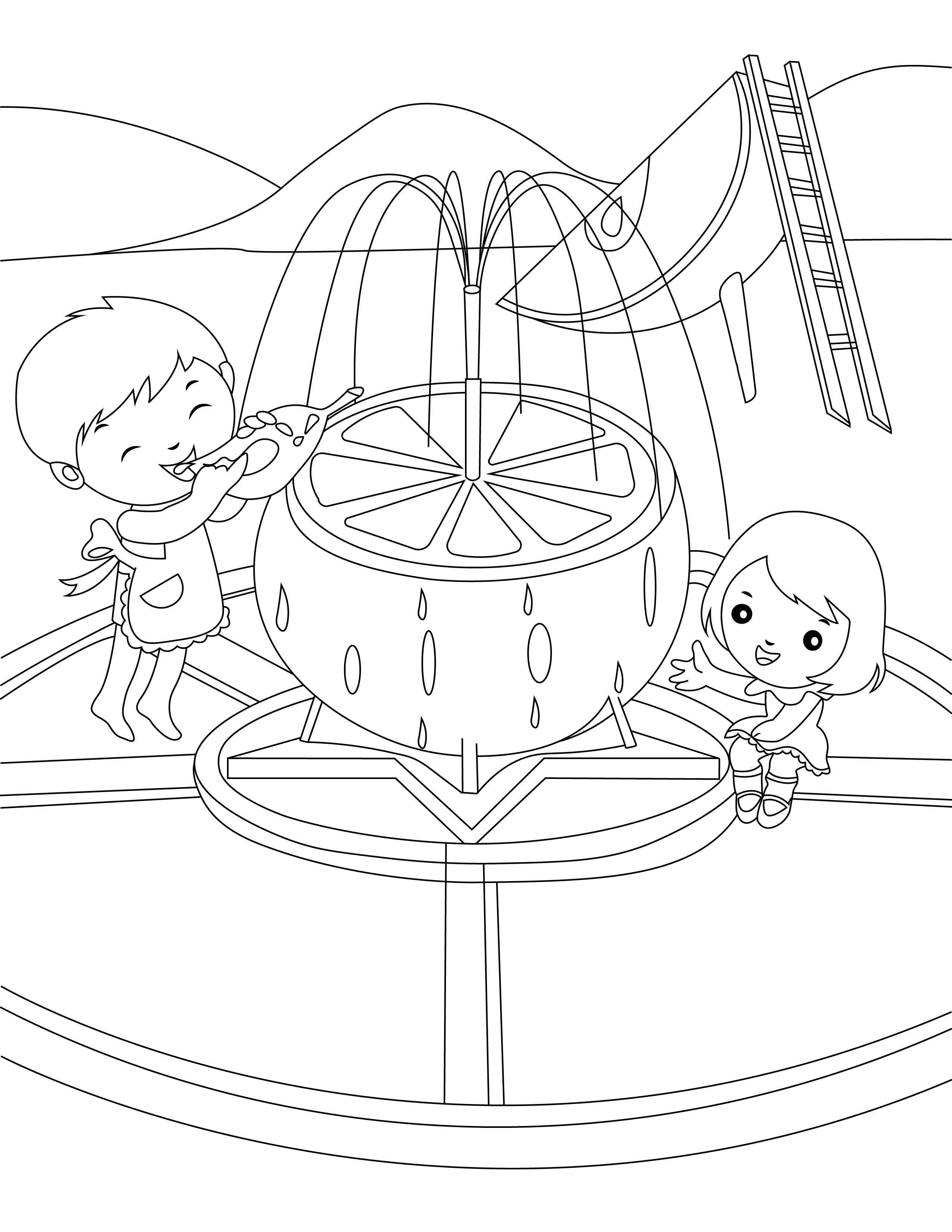 Página para colorear de niños jugando en la fuente del patio de recreo