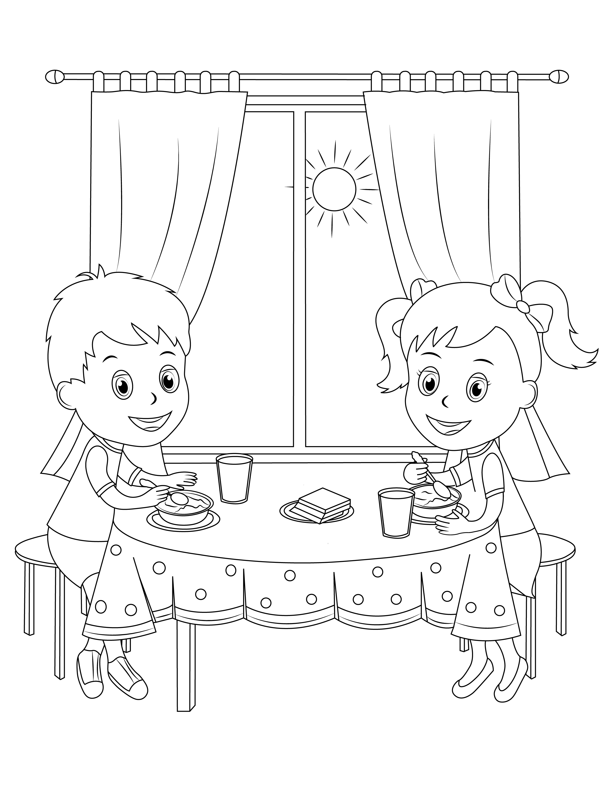 Målarbok av små flickor som spelar te