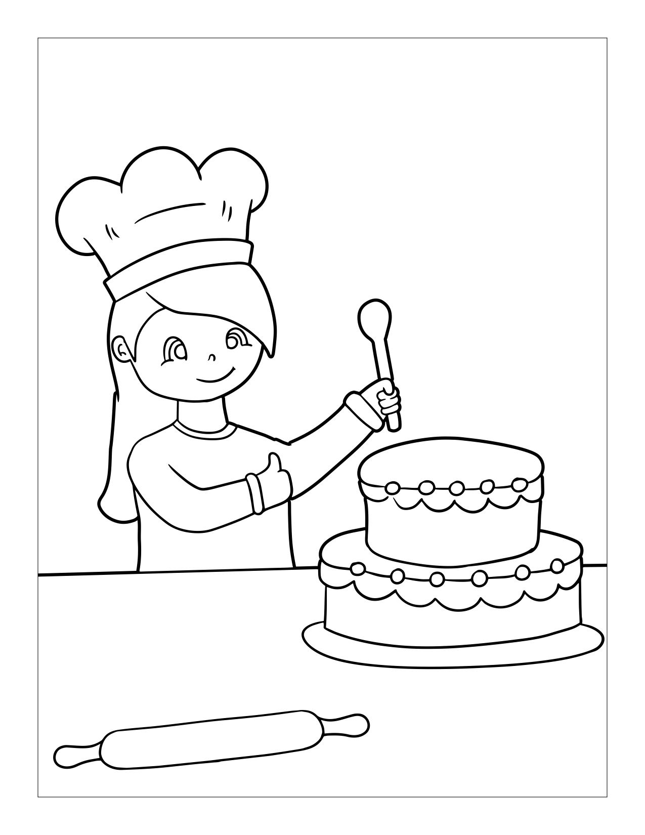 Disegno da colorare di bambina che prepara una torta