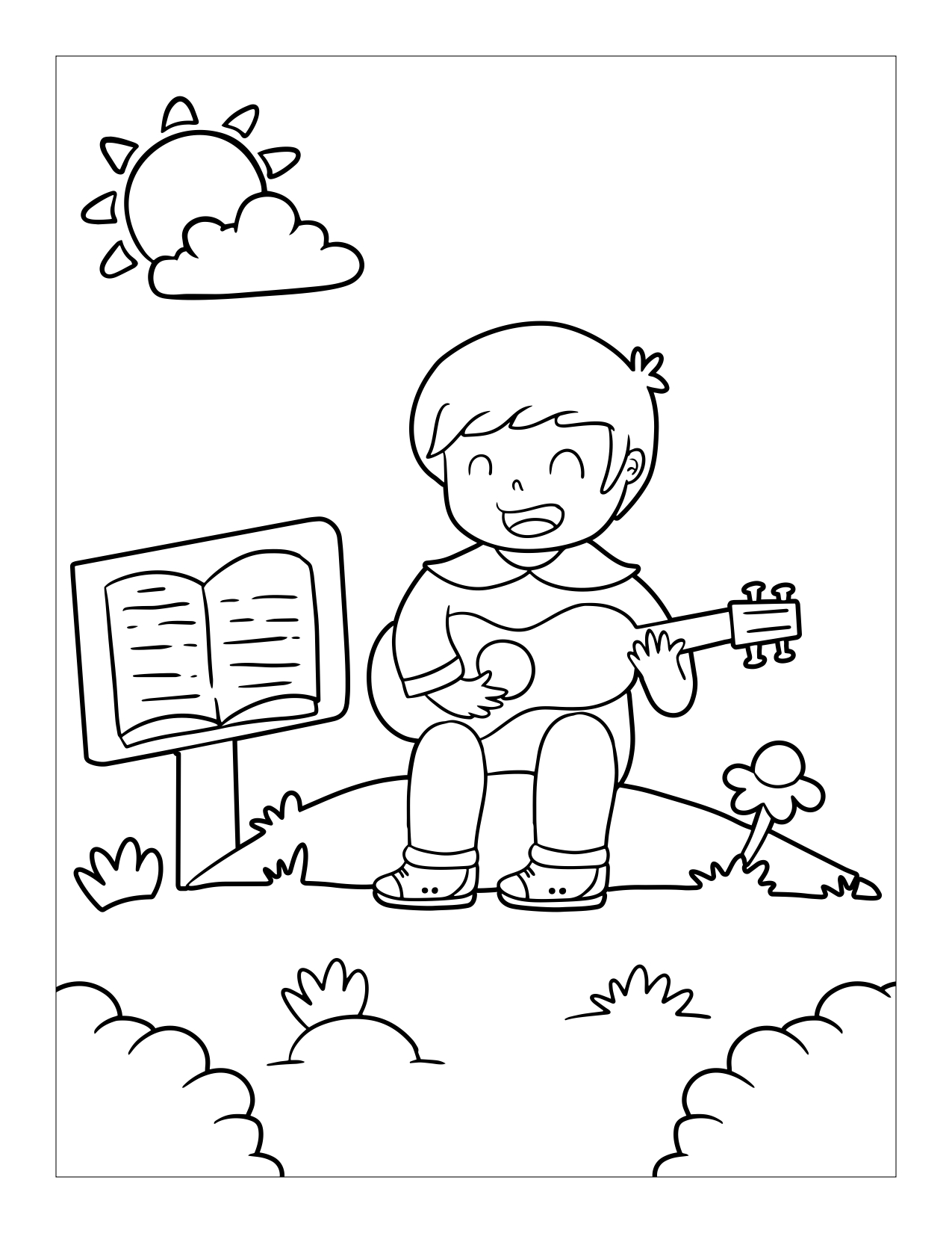 Página para colorear de niño tocando la guitarra