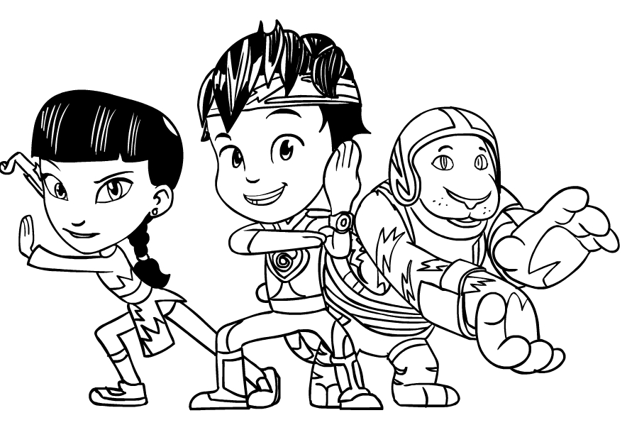 Dibujo de Kody Kapow y sus amigos Goji y Mei para imprimir y colorear
