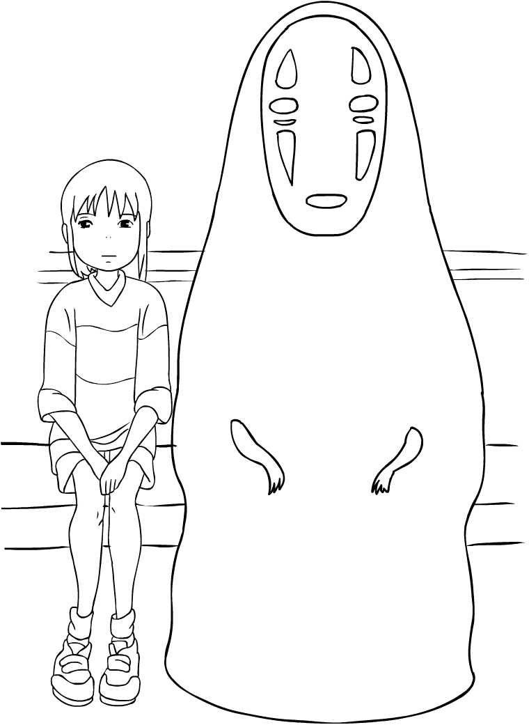 Drawing of Chihiro and Faceless from the enchanted city to print and coloring