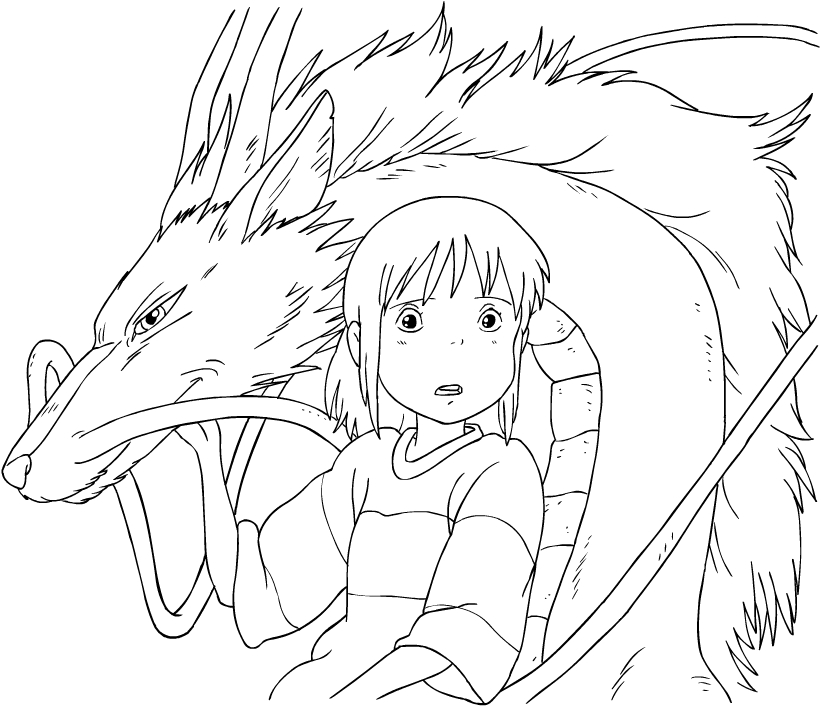 Drawing of Chihiro and Spirit of the Kohaku River from the enchanted city to print and color