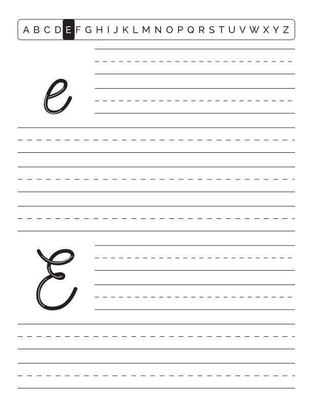 Bokstaven E i alfabetet för utskrift och färg