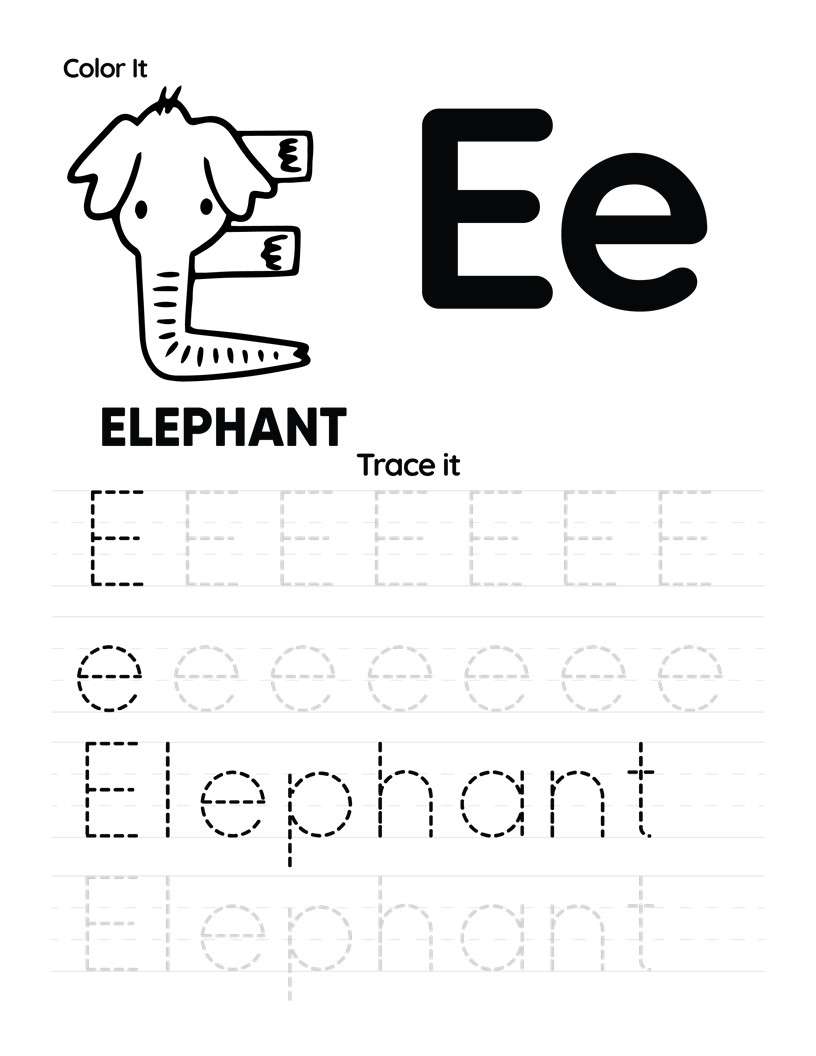 Bokstaven E i alfabetet för utskrift och färg