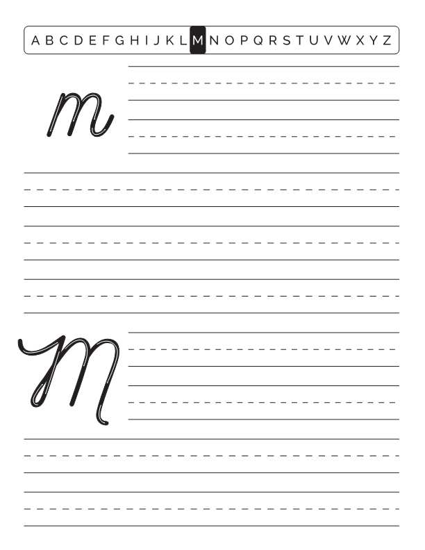 Bokstaven M i alfabetet för utskrift och färg