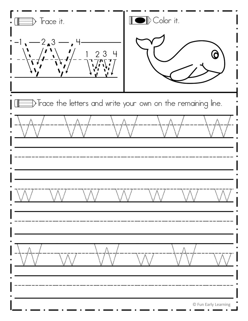 Bokstaven W i alfabetet för att skriva ut och färglägga