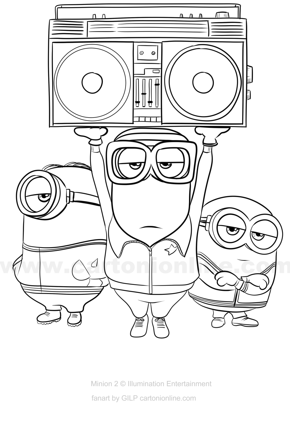 Tekening Bob, Stuart, Kevin uit Minions 2 - Hoe Gru erg slecht wordt om af te drukken en in te kleuren