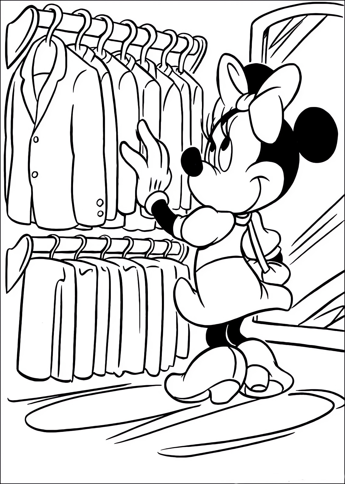 Coloring page of Minnie choosing clothes and clothes