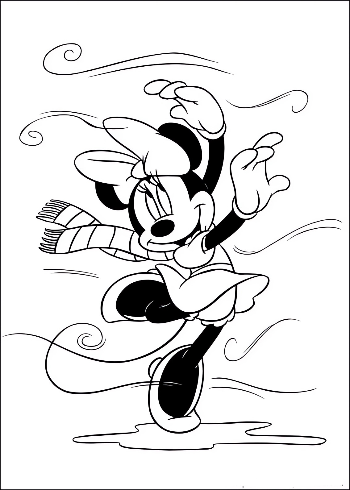 Disegno da colorare di Minnie balla nel vento dell'autunno con la sciarpa al collo