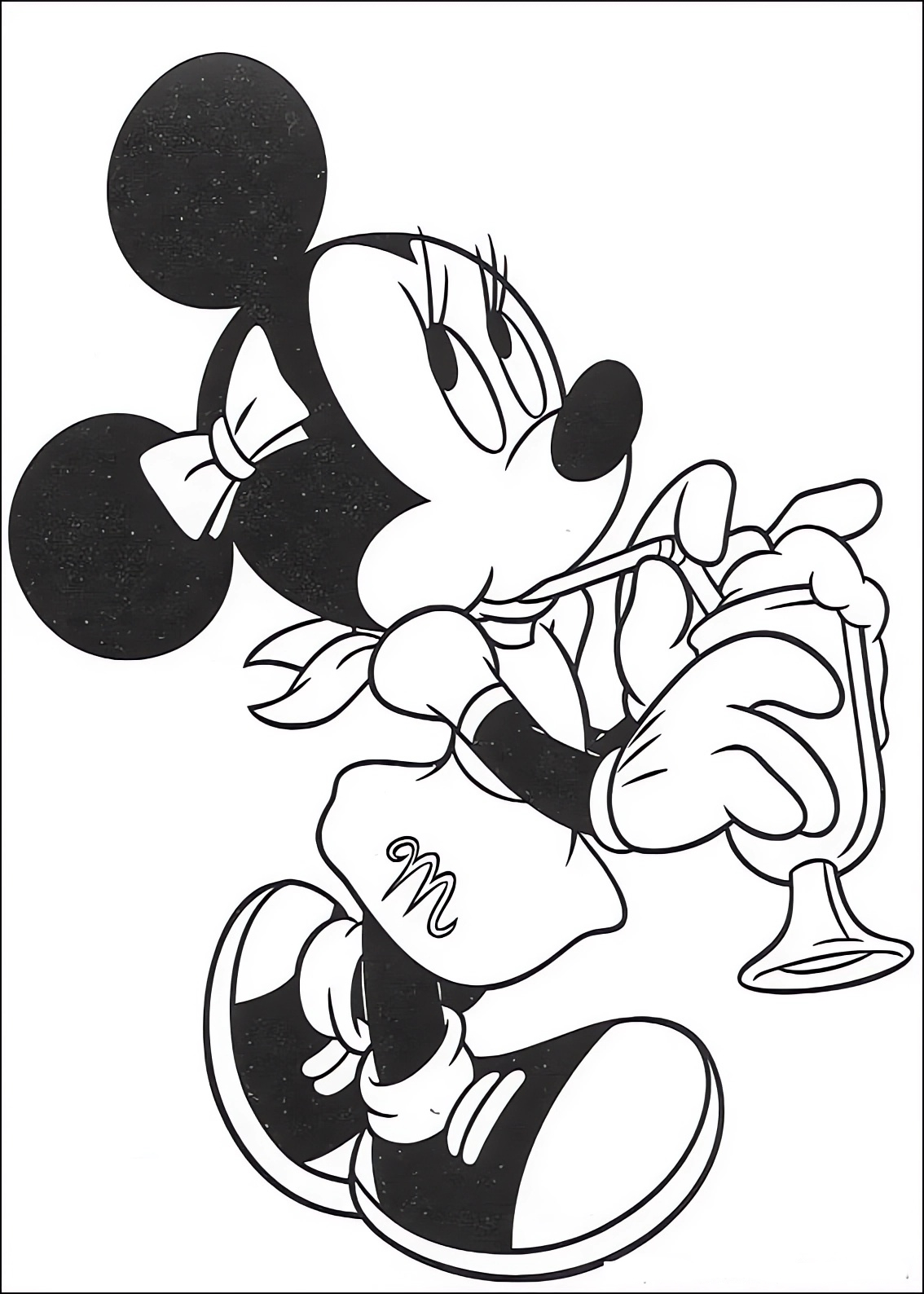 Coloring page of Minnie drinking juice