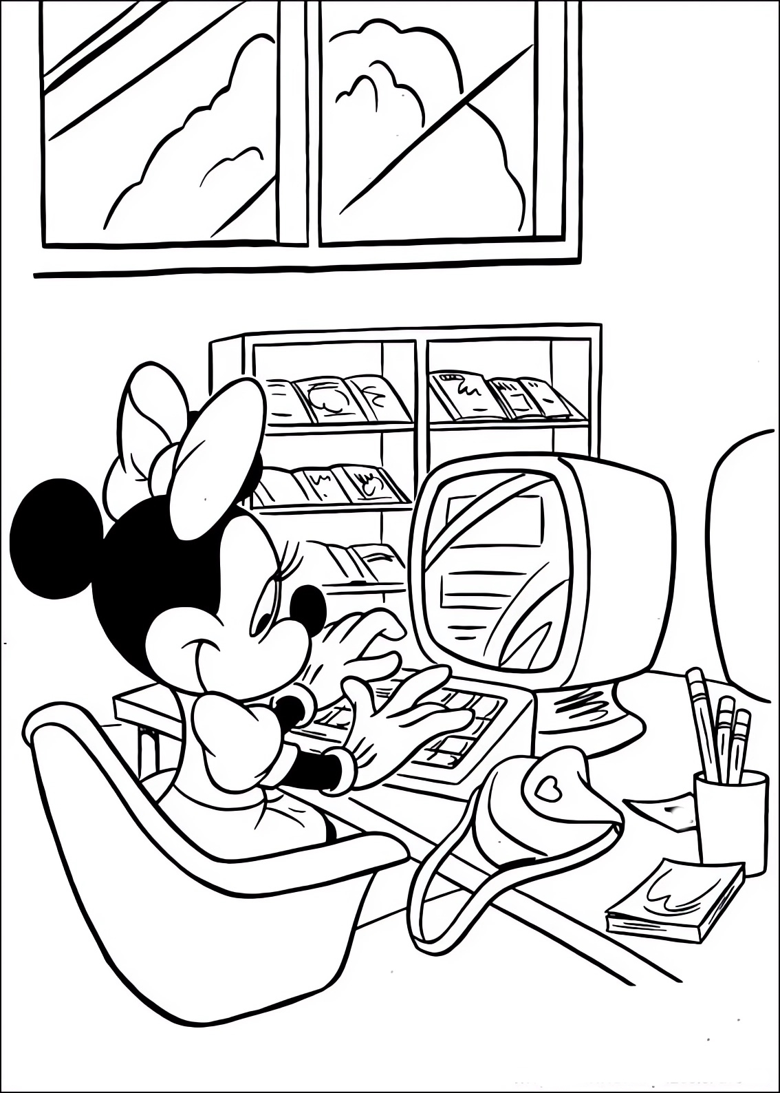 Coloring page of Minnie Mouse working on the computer