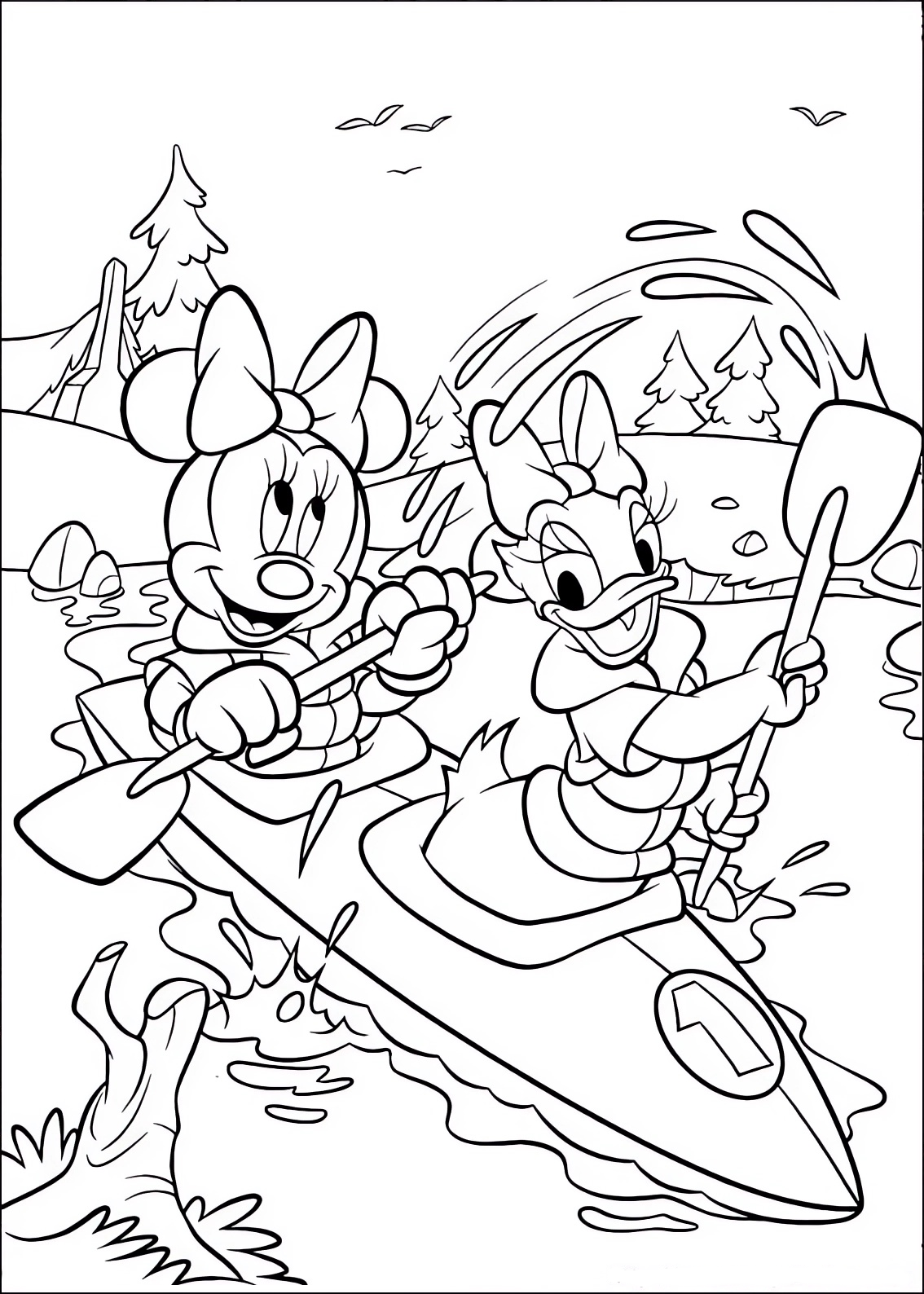 Disegno da colorare di Minnie e Paperina Daisy sul Kayak