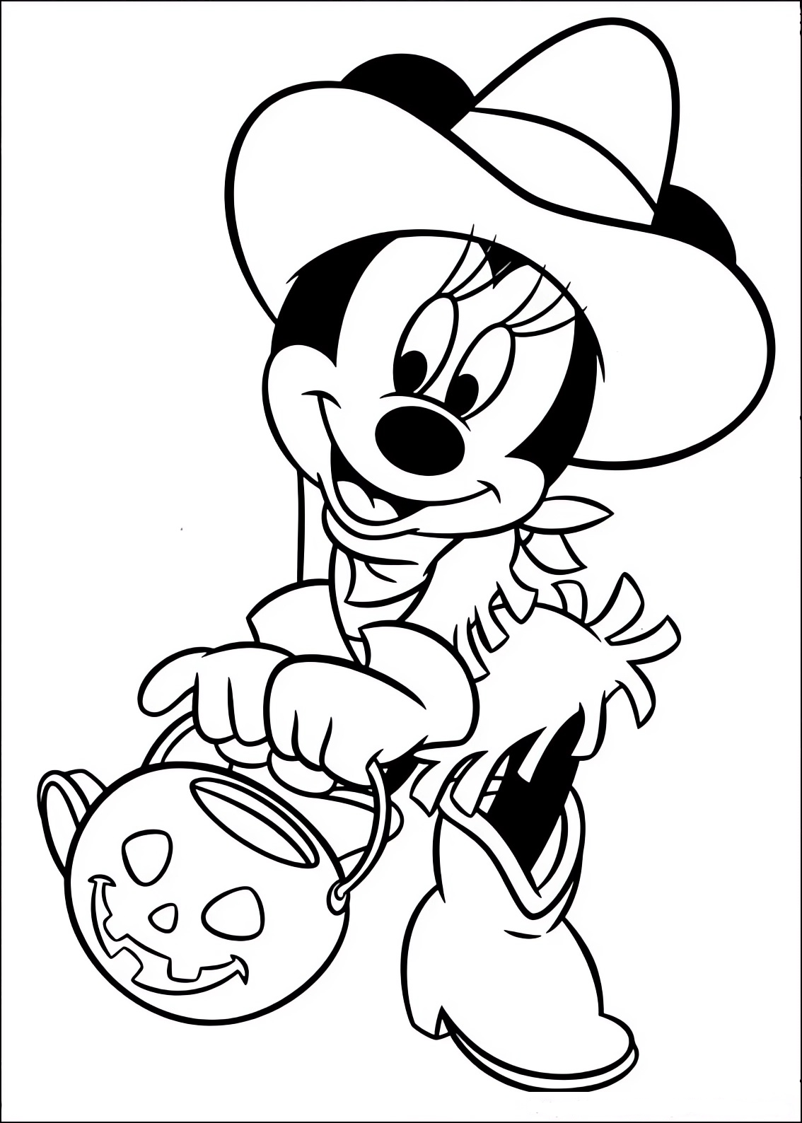 Disegno da colorare di Minnie con la cesta di Halloween per il dolcetto o scherzetto