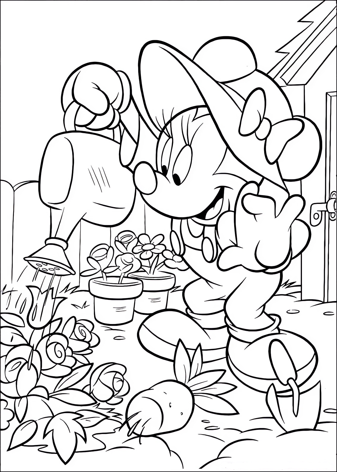 Coloring page of Minnie watering the flowers