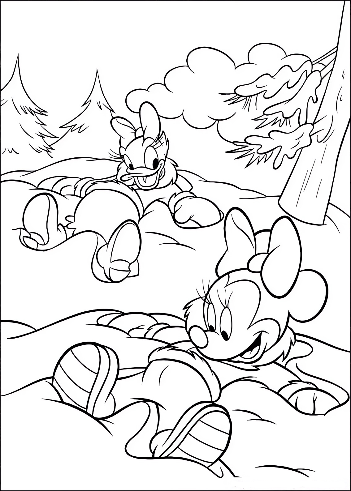 Malvorlage von Minnie Mouse und Daisy Duck im Schnee