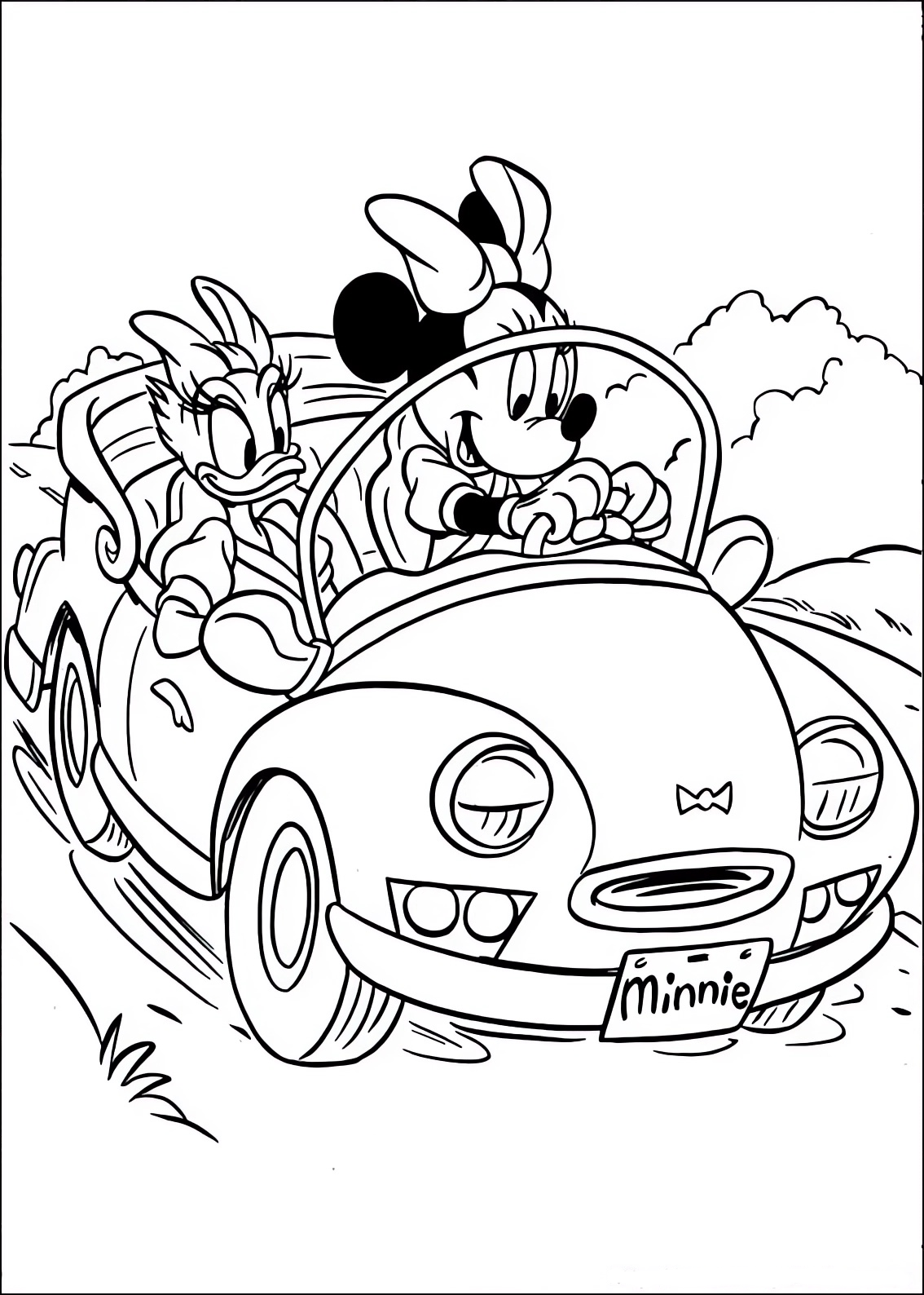 Fargeleggingsside av Minnie og Daisy Daisy i bilen på shopping