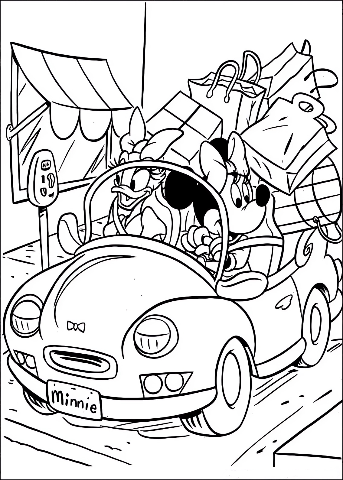 Coloring page of Minnie and Daisy Daisy in the car going shopping