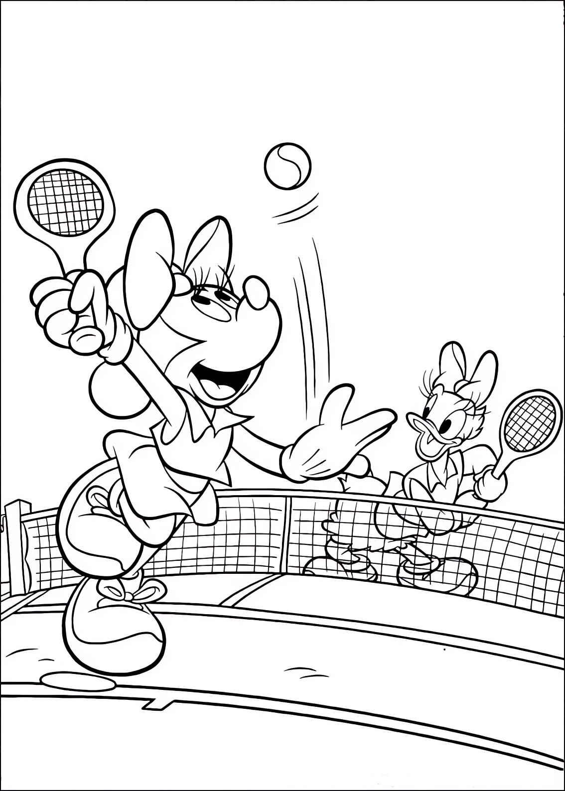 Coloring page of Minnie Mouse and Daisy Duck playing tennis