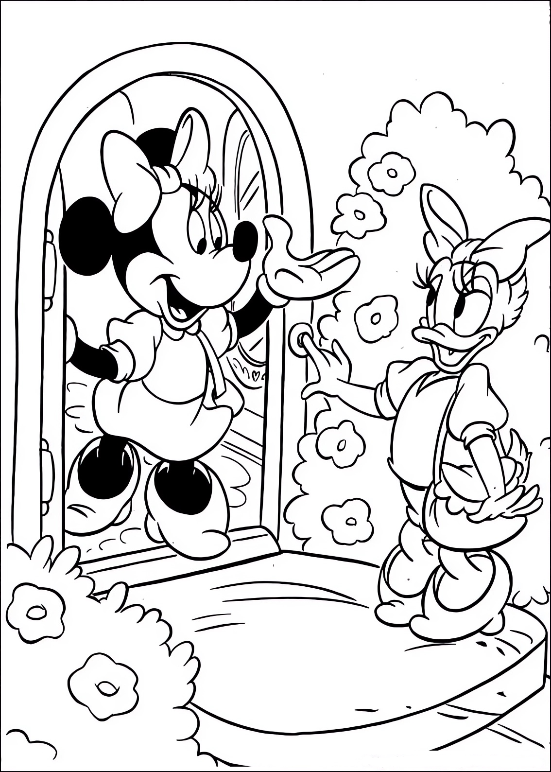Coloring page of Minnie Mouse and Daisy Duck