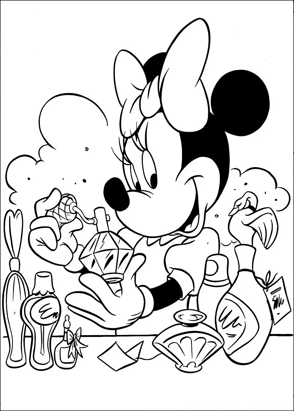 Coloring page of Minnie choosing perfumes