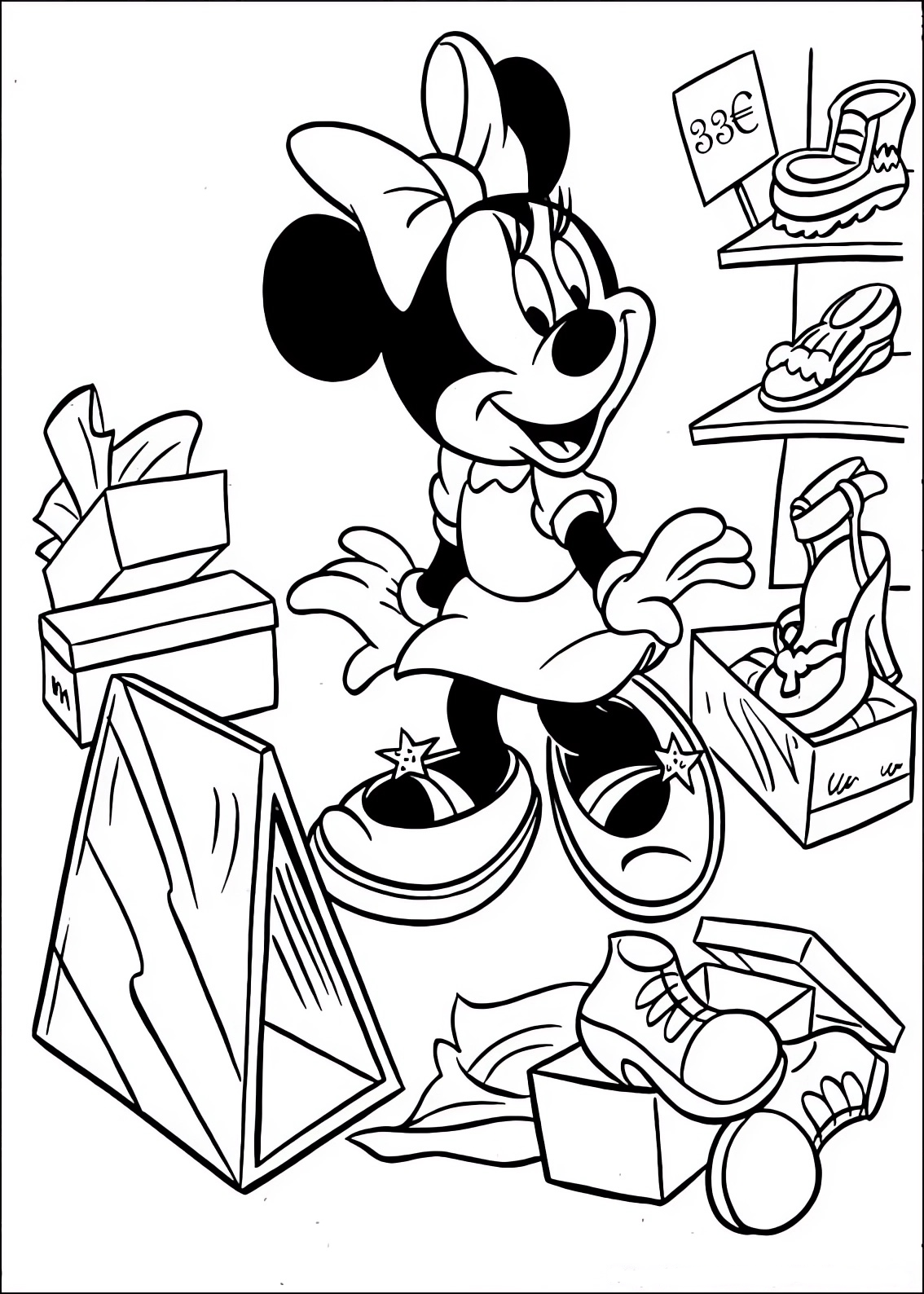 Coloring page of Minnie choosing which shoes to buy