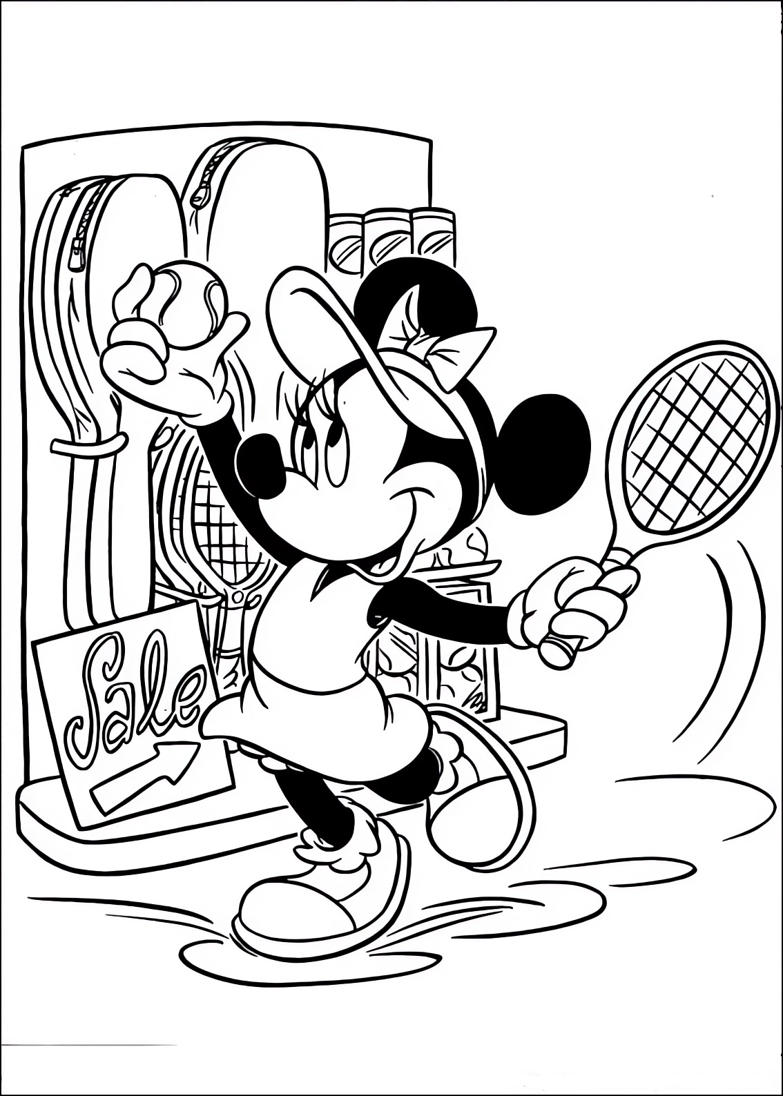 Coloring page of Minnie choosing which tennis racket to buy