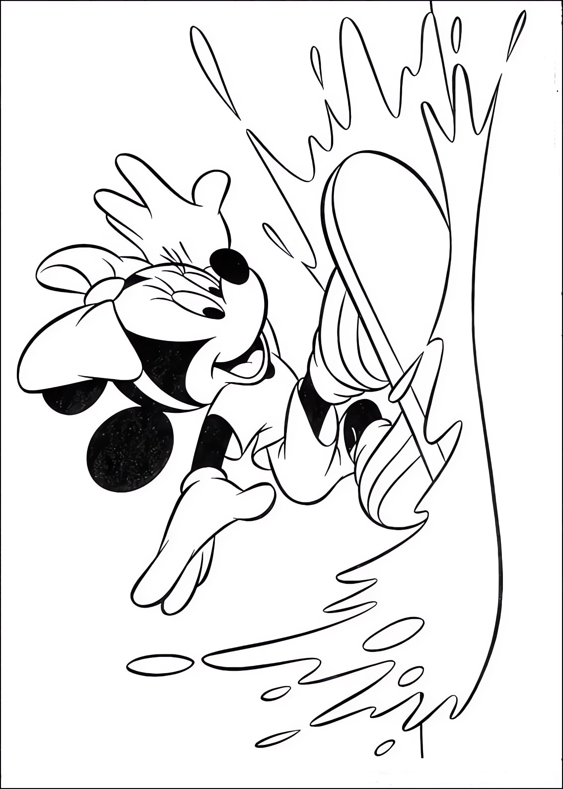 Coloring page of Minnie surfing
