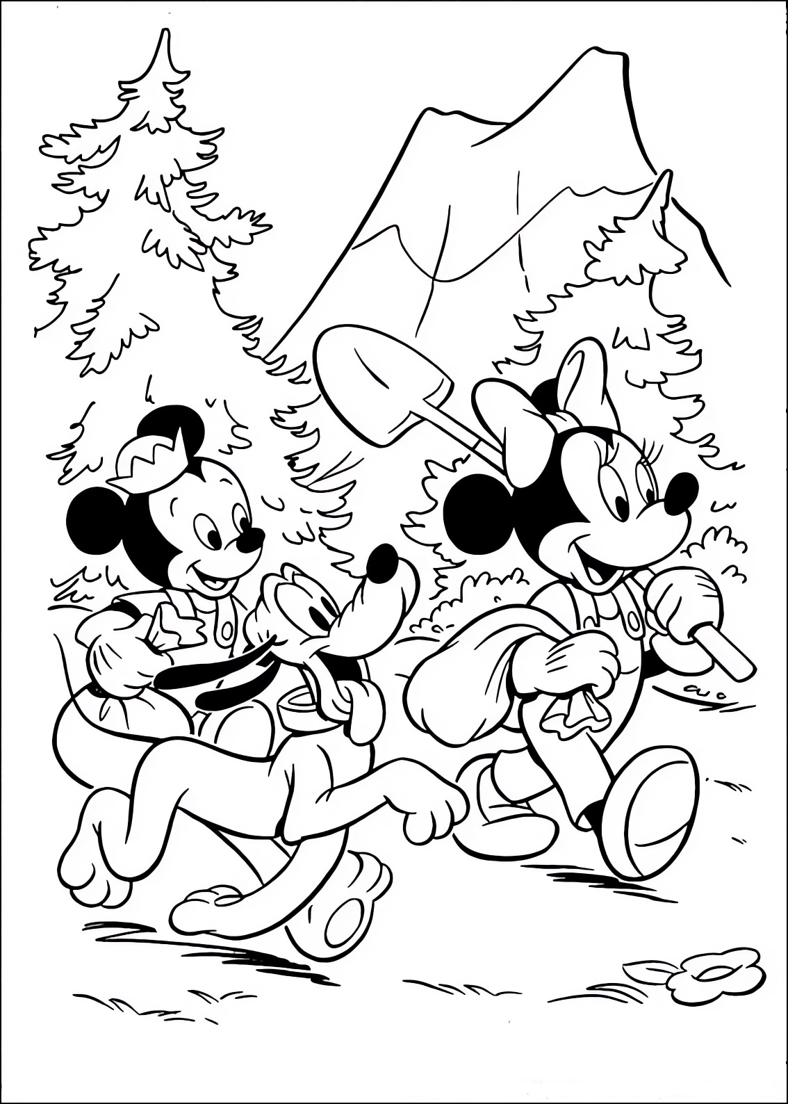 Disegno da colorare di Minnie, Tap e Pluto camminano nel bosco